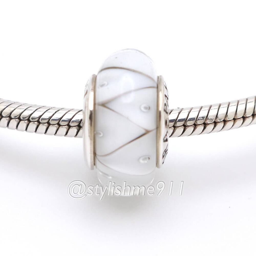 Authentic PANDORA Sterling Silver White Zig-Zag Murano Glass Bead Charm